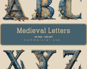 Medieval Alphabet, Illuminated Letters, Fantasy font, A-Z Letters png, Sublimation, Commercial Use, Digital Download