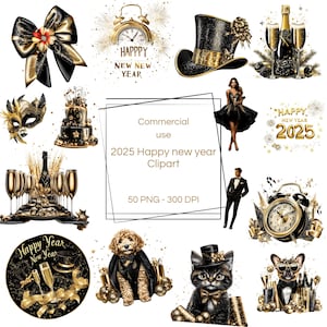 2025 Clipart | Happy New Year PNG | Black Gold New Years | 2025 PNG | Festive Holiday PNG | Champagne Clipart | Clipart Bundle | Sticker png