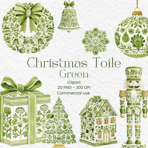 Grön Toile Jul Clipart, Akvarell Grön Chinoiserie, Vintage Holiday PNG, Klistermärke Sublimering, Scrapbooking, Digital Nedladdning