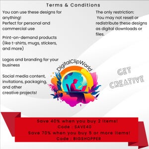 Op de afbeelding: Een afbeelding met de tekst "Terms & Conditions" en het logo "DigitalClipWorld". De tekst beschrijft de toegestane toepassingen van de ontwerpen, waaronder persoonlijk en commercieel gebruik, print-on-demand producten, logo's en social media content. Een rode banner onderaan adverteert een korting.