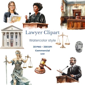Clipart de Direito em Aquarela | Pacote de Justiça | Decoração de Tribunal | Arte da Senhora Justiça | Clipart de Tribunal | Clipart de Advogado | Imagens de Advogado | Pacote PNG