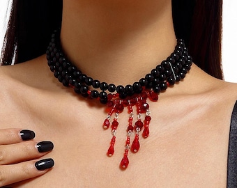 Gargantilla de perlas ensangrentadas, joyería gótica hecha a mano, perfecta para Halloween, cosplay o un vestido llamativo. Estilos únicos y atrevidos, atrevidos pero elegantes.