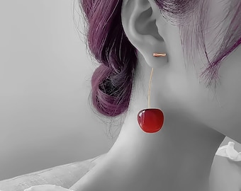 Sweet Red Cherry Earrings – Trendy Korean Fruit Dangle Earrings for Women