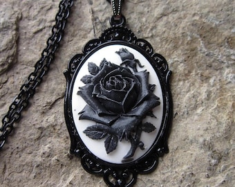 Floral pendent necklace Victoria Black Rose With White Or White Rose With Black Necklace