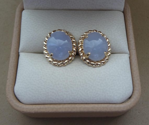 14K Oval Lavender Jade Cabochon Earrings View 2