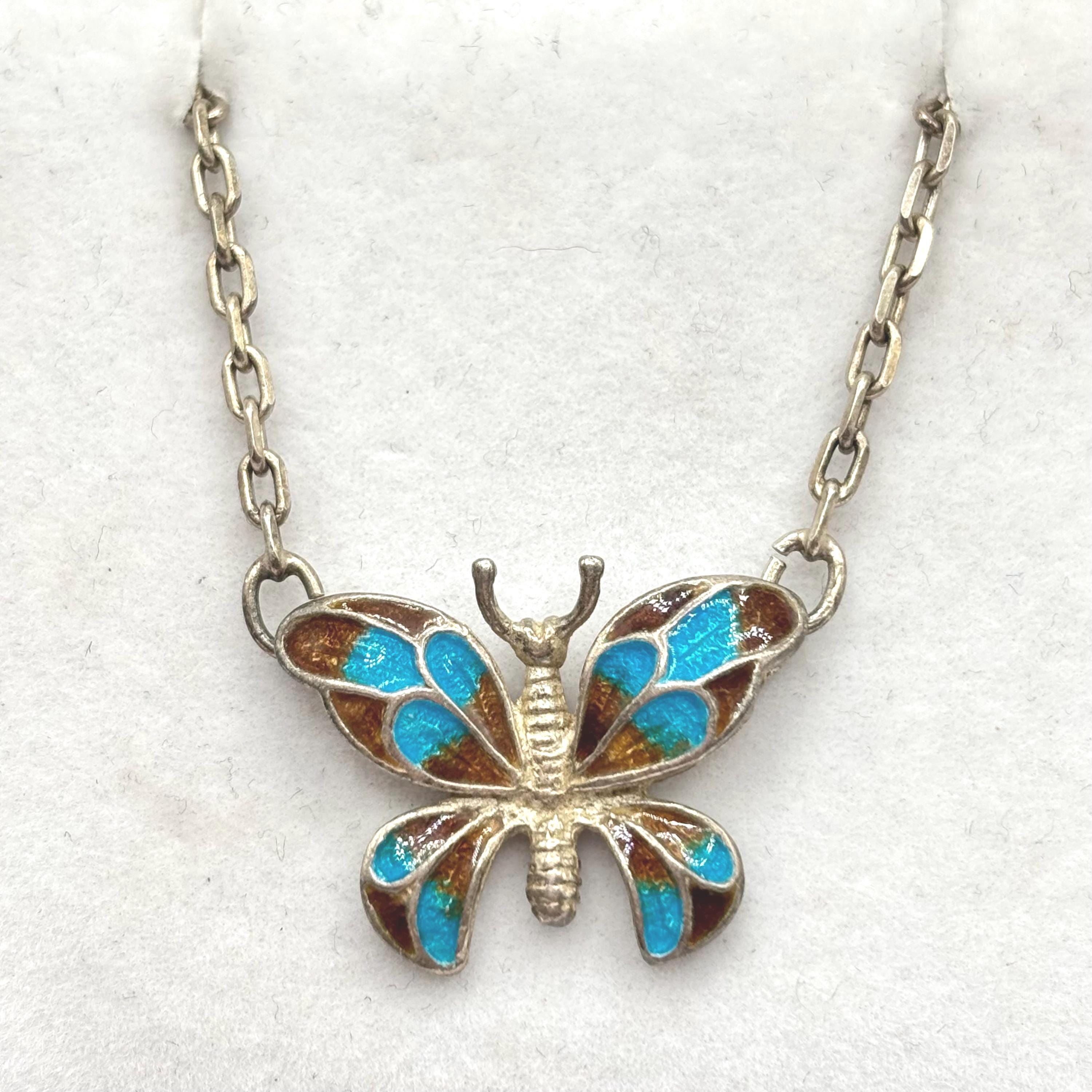 Vintage AR Sterling Silver 925 Blue & Brown Enamel Butterfly Chain
