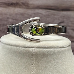 Vintage Taxco DMP Mexico Sterling Silver 925 Modernist Dichroic Glass Center Hinged Cuff Bracelet