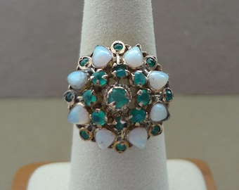 Vintage 9K Gold Emerald & Opal Cluster Gemstone Ring - Size 6 1/2