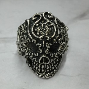 Men&#39;s 925 Sterling Silver Calavera Day Of Dead Sugar Flower Skull Death Ring