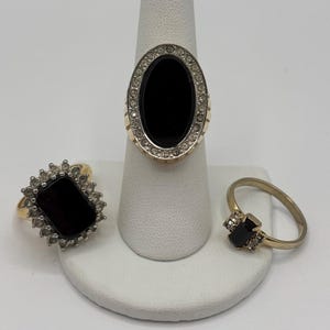 Lot Of 3 Vintage Gold Tone Black & Clear Stone Fashion Rings