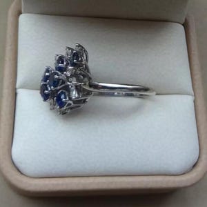 K&ouml;nnte beinhalten: Ein silberner Ring mit einem Cluster aus blauen Edelsteinen. Der Ring hat ein Design mit mehreren blauen Steinen in einem Blumen- oder Sternmuster. Der Ring wird in einer beigen Schmuckschatulle pr&auml;sentiert.