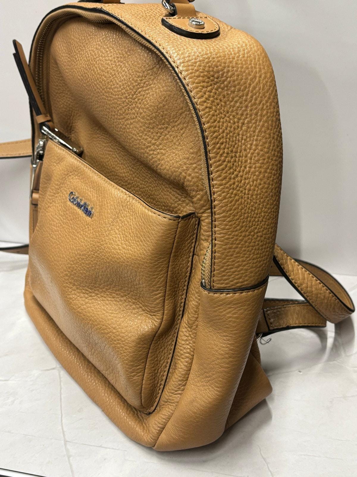 calvin klein leather backpack Calvin Klein Designer Pebbled Leather Camel Brown Backpack Purse