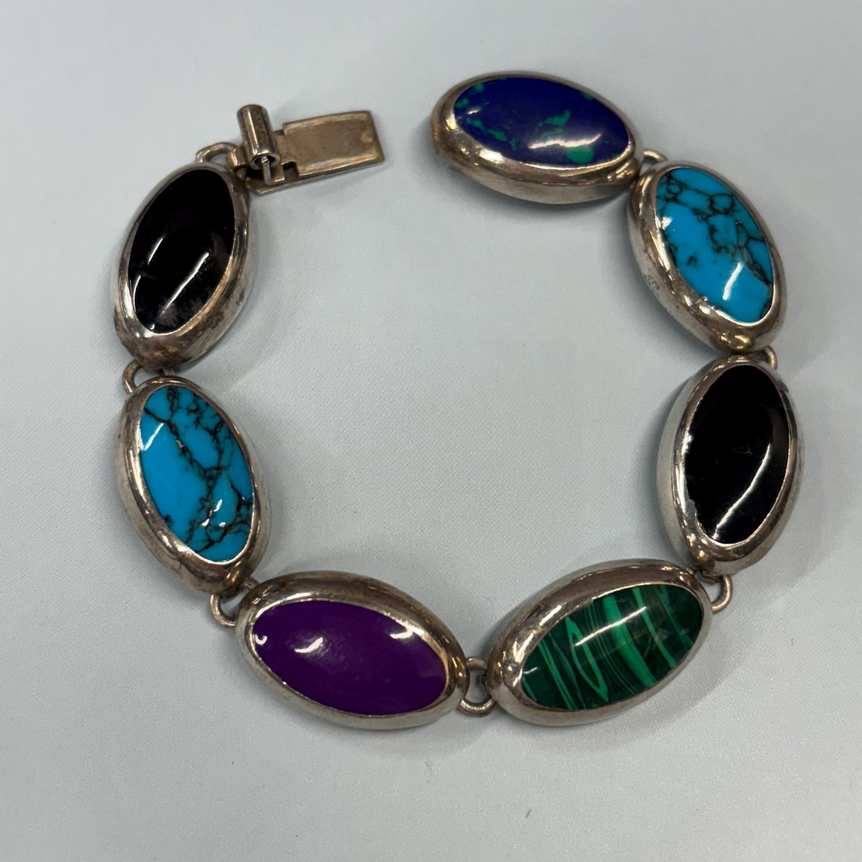 Vintage Taxco Mexico Sterling Silver 925 Multi-gemstone Bracelet 7