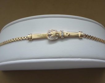 14K Diamond Pave Belt Buckle Chain Link Bracelet - 5.7 Grams