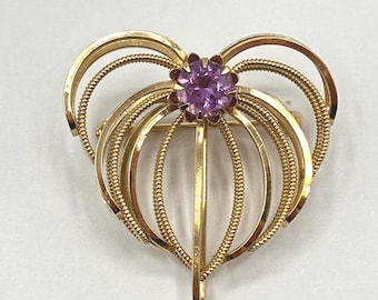 Vintage Wells 1/20 12k gult guld fylld ametist hjärtformad brosch