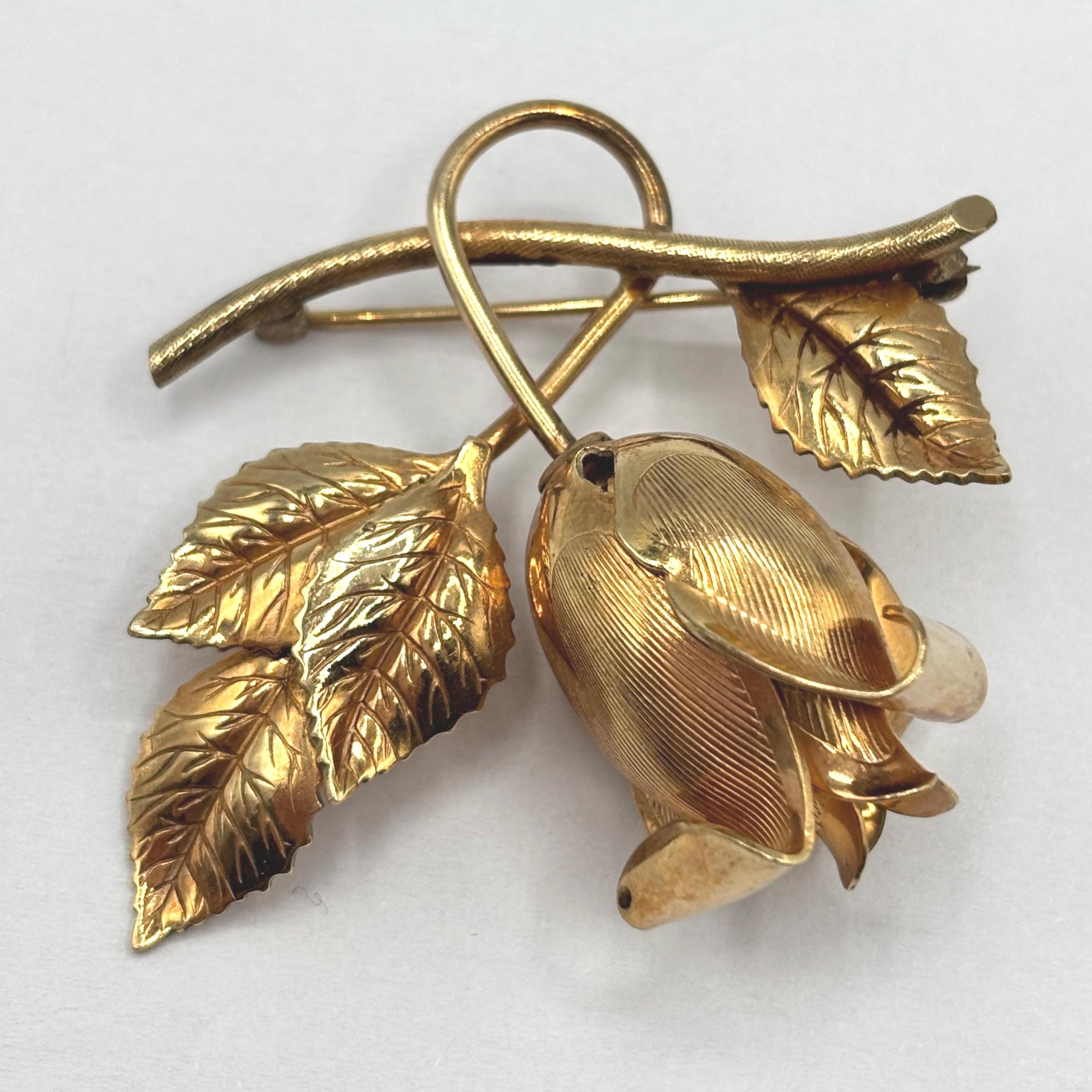 ヴィンテージ　アートフラワー　造花　金型　こて　葉　リーフ型　3点セット Vintage Winard 12k Gold Filled Rose Stem With Leaves Brooch Pin - Etsy