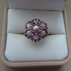 10K Ruby & Diamond Domed Cluster Ring - Size 8.25