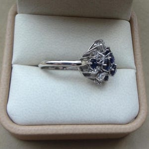 K&ouml;nnte beinhalten: Ein silberner Ring mit einem Cluster aus dunkelblauen und klaren Edelsteinen. Der Ring hat ein filigranes Design und wird in einer beigen Ringschatulle pr&auml;sentiert.