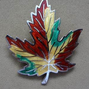 May include: A colorful maple leaf brooch with a silver-tone border. The leaf features a vibrant mix of red, yellow, and green enamel, creating a striking contrast. This decorative pin is a nature-inspired accessory.
