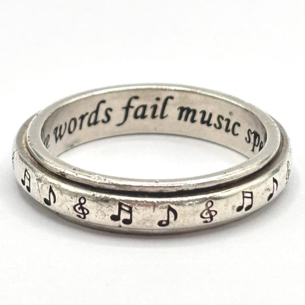 Vintage Sterling Silver 925 Music Note Engraved ‘When Words Fail, Music Speaks’ Spinner Ring Size 9 [#84]