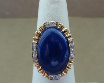 Vintage 14K Oval Lapis Lazuli Cabochon Ring with Diamond Accents