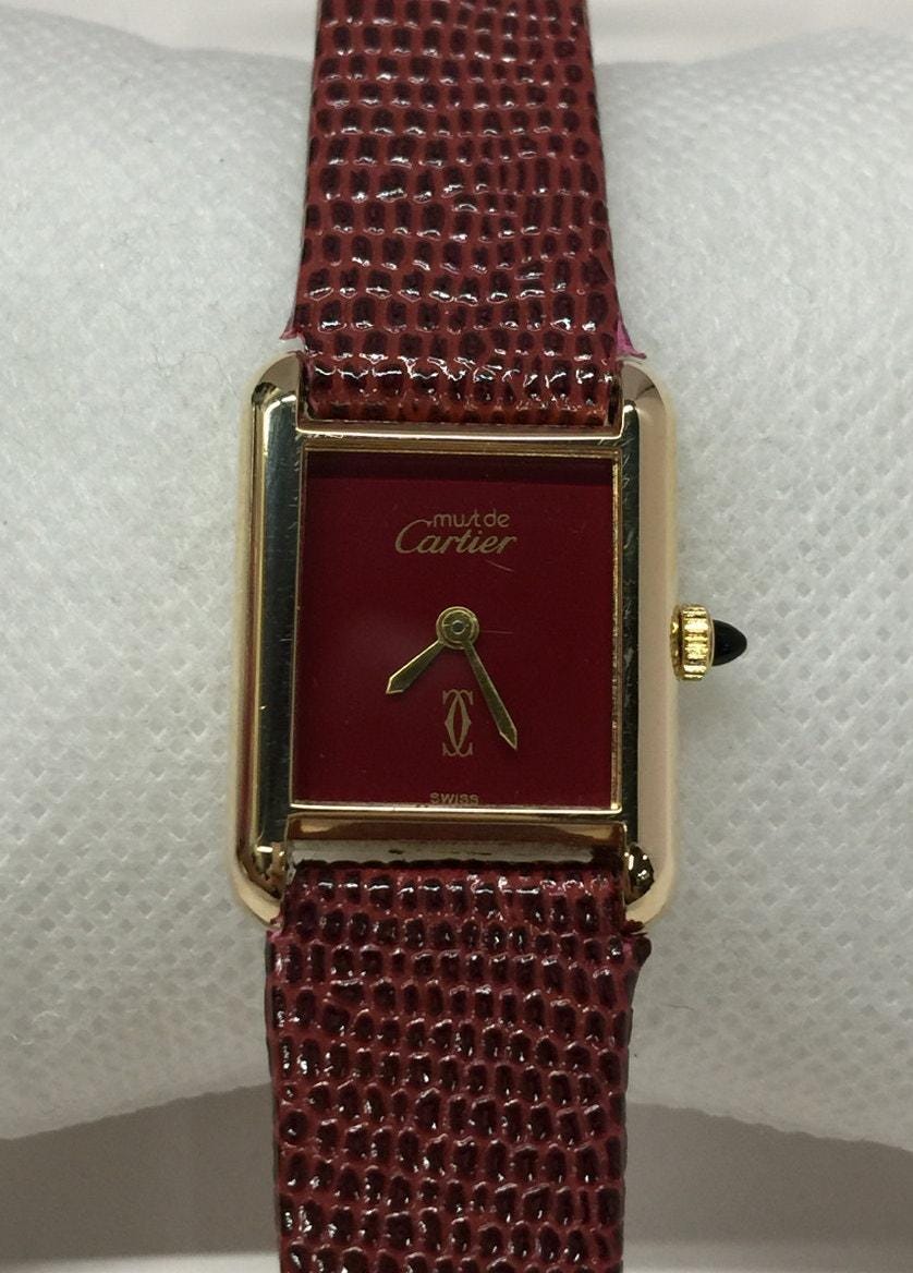 Must de Cartier Roman Tank-Style Women\'s Gold Watch with Burgundy Leather Strap Cartier Tank Must De Cartier  main image 2