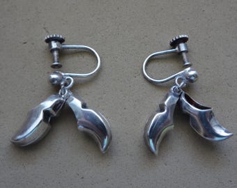 Pendientes colgantes de plata de ley con forma de zueco holandés vintage - Cierre de rosca