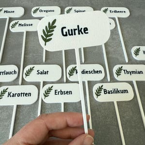 Könnte beinhalten: Weiße Pflanzenmarkierer mit grünen Blattdesigns und schwarzem Text. Die Markierer sind mit den Namen verschiedener Pflanzen beschriftet, darunter "Gurke", "Spinat", "Erdbeere", "Minze", "Melisse", "Oregano", "Karotten", "Erbsen", "Salat", "Basilikum", "Thymian", "K", "dieschen" und "rtlauch".