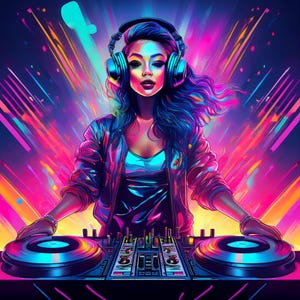 Female DJ Digital Art – Neon Party Wall Print