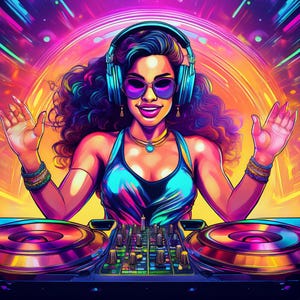 Female DJ Digital Art – Neon Party Wall Print