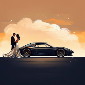 Car-Loving Bride and Groom Cartoon – Fun Wedding Art Download for Car Enthusiasts