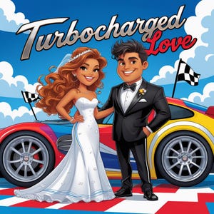 Car-Loving Bride and Groom Cartoon – Fun Wedding Art Download for Car Enthusiasts