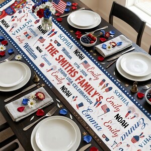 Puede incluir: Una mesa festiva con temática patriótica. Un camino de mesa blanco con texto rojo y azul que dice "The Smiths Family's 250th USA Celebration" es la pieza central. La mesa está puesta con platos blancos, cubiertos y arreglos florales.