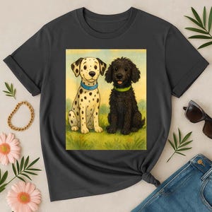 Dessin animé vintage mignon dalmatien et chien noir meilleurs amis