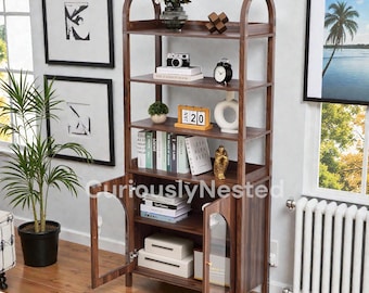 71 Arched Curved Bookshelf, 6-Tier Mid-Century Bookcase with Acrylic Doors, Tall Wooden Cabinet for Living Room, Home Office (Walnut)