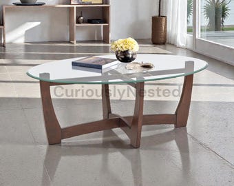 Modern Oval Glass Coffee Table 48  Tempered Glass Solid Wood Base Center Table  Living Room Office Apartment
