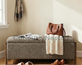 Fabric Storage Ottoman Bench 47  Upholstered End of Bed Bench Rubberwood Legs  Bedroom Entryway Living Room