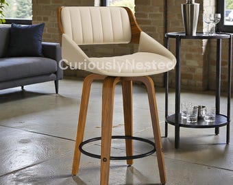 Mid-Century Swivel Bar Stool 26  Walnut Bentwood Faux Leather Counter Chair  Kitchen Island Cafe Bar Seat