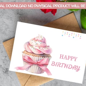 Happy Birthday Card, Printable Happy Birthday Card, Printable Birthday Card Featuring Colorful Cupcake, Greeting Card, blank card