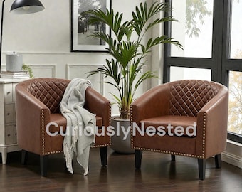 Faux Leather Barrel Accent Chair Set of 2  Tufted Nailhead Trim Club Armchair  Living Room Bedroom Nursery