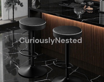 Modern Swivel Backless Bar Stools Set of 2, Adjustable 24-33 Microfiber Leather Round Seat, Kitchen Island Pub