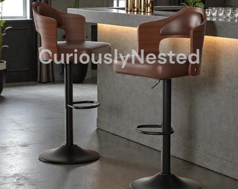 Swivel Bar Stools Set of 3  Adjustable Height PU Leather Wood Counter Chairs  Kitchen Island Footrest Back