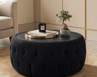 Round Storage Ottoman Coffee Table 30.5. Teddy Fleece Tufted Wood Top Ottoman  Living Room Bedroom Apartment