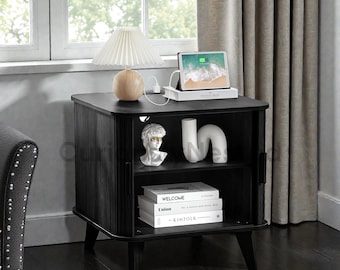 Farmhouse Round End Table with Charging Station | Fluted Sofa Side Table Storage | Mid-Century Nightstand Living Room