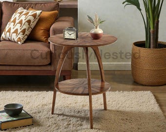 Solid Wood Round End Table, Mid-Century Modern Retro Accent Side Table with Lower Shelf for Living Room Bedroom