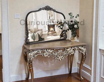 Arched Wood Wall Mirror Distressed Black, Carved Arch Entryway Mirror for Farmhouse Living Room, Bathroom & Hallway