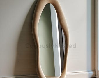 Irregular Wavy Full-Length Mirror 63x24  Flannel Wood Frame Floor Mirror  Bedroom Living Room Cloakroom Wall Decor