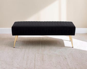 Tufted Leather Ottoman Bench 44  Upholstered Footrest Stool X-Shape Wood Legs  Bedroom Kitchen Indoor Bench