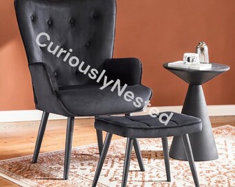 PU Leather Wingback Accent Chair with Ottoman  Tufted Button High Back Reading Armchair  Bedroom Dressing Room