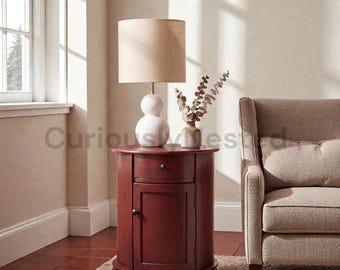 Swivel Round End Table with Storage, Dark Cherry Farmhouse Accent Table with Drawer Cabinet, Fully Assembled Living Room Furniture